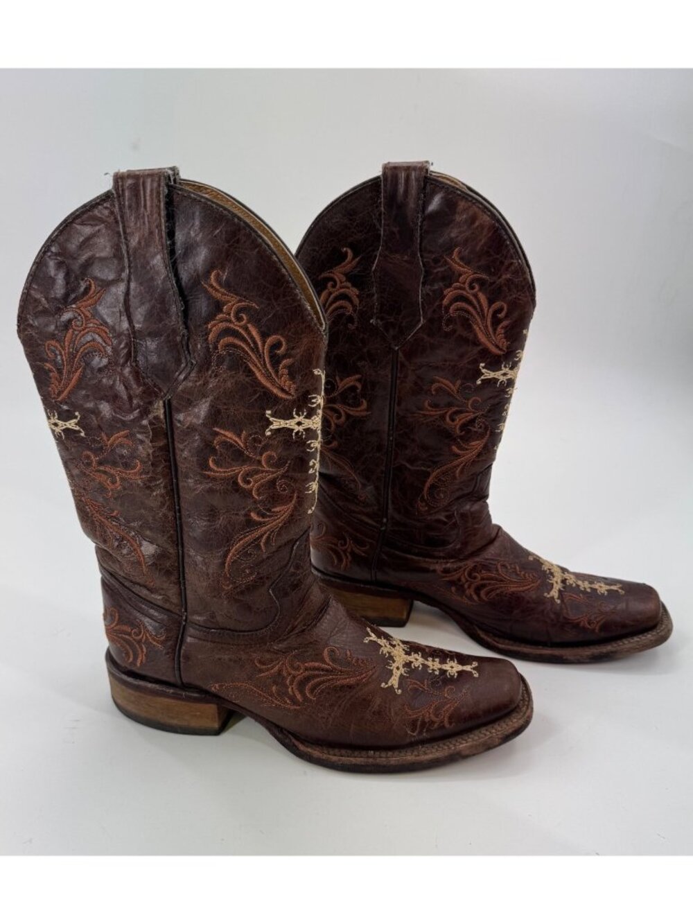 Circle G Womens Western Cowboy Boots Brown Embroidered Cross Leather Square Toe